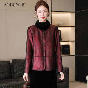 海宁皮衣真皮羽绒服女短款水貂毛领中老年妈妈印花中国风皮草外套