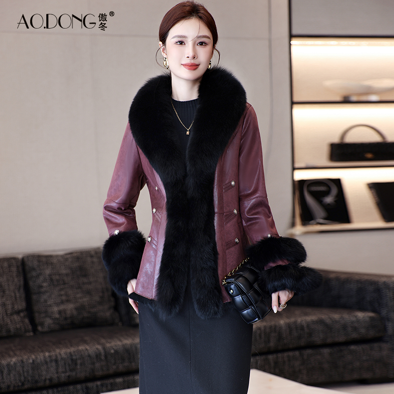 新款海宁兔毛皮草一体外套女修身