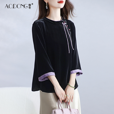 新款真丝上衣女七分袖桑蚕丝T恤