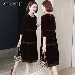 高端杭州纯色真丝丝绒连衣裙中年妈妈大牌重磅桑蚕丝裙子气质春秋