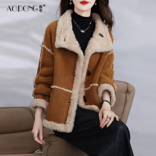 海宁两面穿颗粒绒皮草外套女短款 保暖羊羔毛大衣冬 加厚牛角扣新款