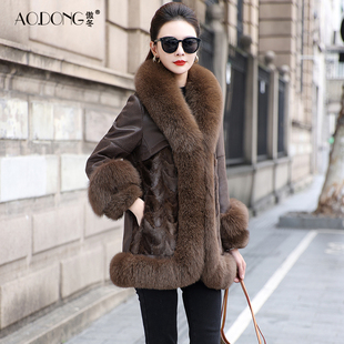 海宁兔毛皮草一体外套女狐狸毛领妈妈拼貂保暖中长款休闲大衣冬季