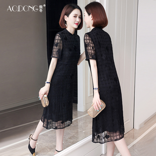 刺绣真丝连衣裙女夏季妈妈杭州改良旗袍大牌高端气质桑蚕丝裙子