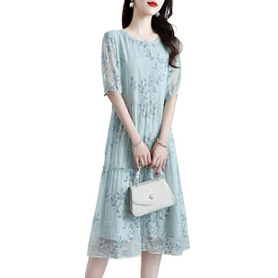 新款高级刺绣真丝连衣裙女妈妈气质洋气精致绣花桑蚕丝裙子夏季