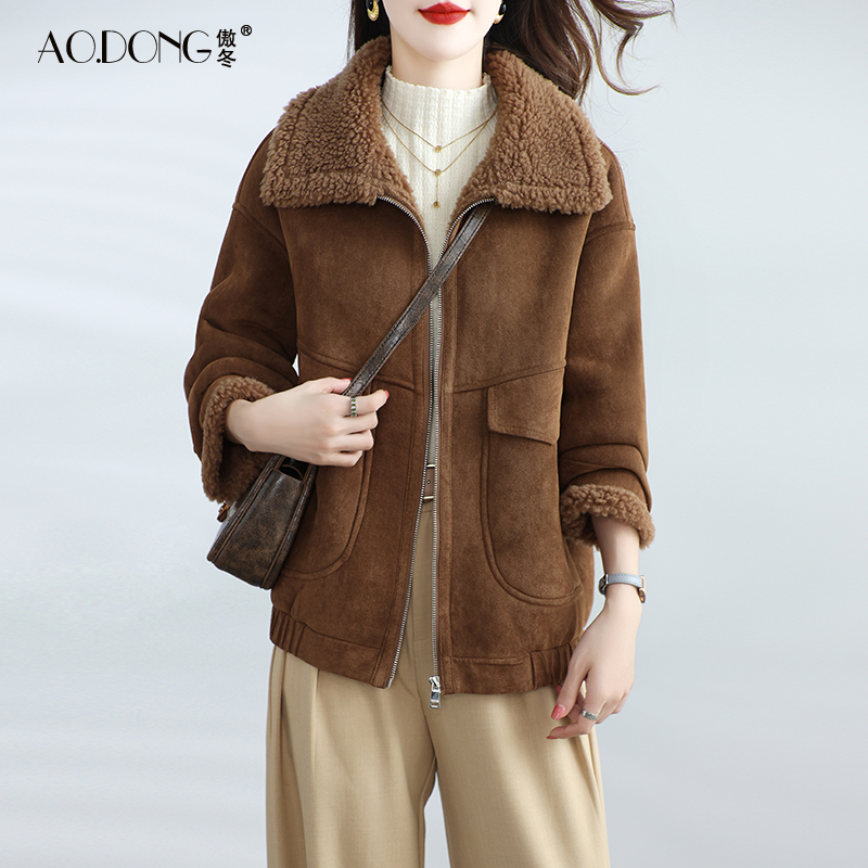 保暖拉链翻领海宁短款加厚颗粒绒