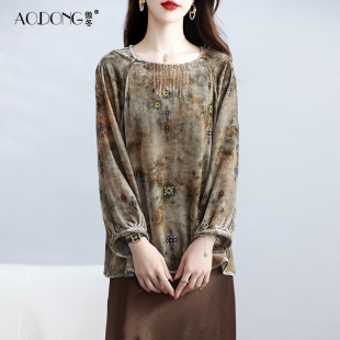 2025新款杭州真丝丝绒上衣女长袖桑蚕丝休闲T恤印花显瘦优雅春秋