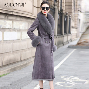 海宁兔毛皮草一体外套女修身狐狸毛领轻奢中长款青果领气质大衣冬