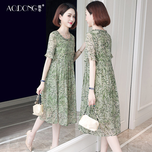 高级杭州真丝连衣裙女士中年妈妈印花甜美气质收腰桑蚕丝裙子夏季