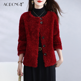 2025新款海宁颗粒绒皮草外套女短款羊剪绒一体妈妈羊羔毛大衣冬季