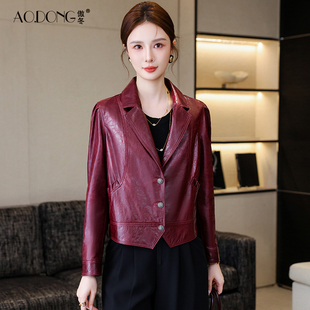 新款海宁油蜡绵羊皮真皮皮衣女短款时尚显瘦单皮机车夹克外套春秋