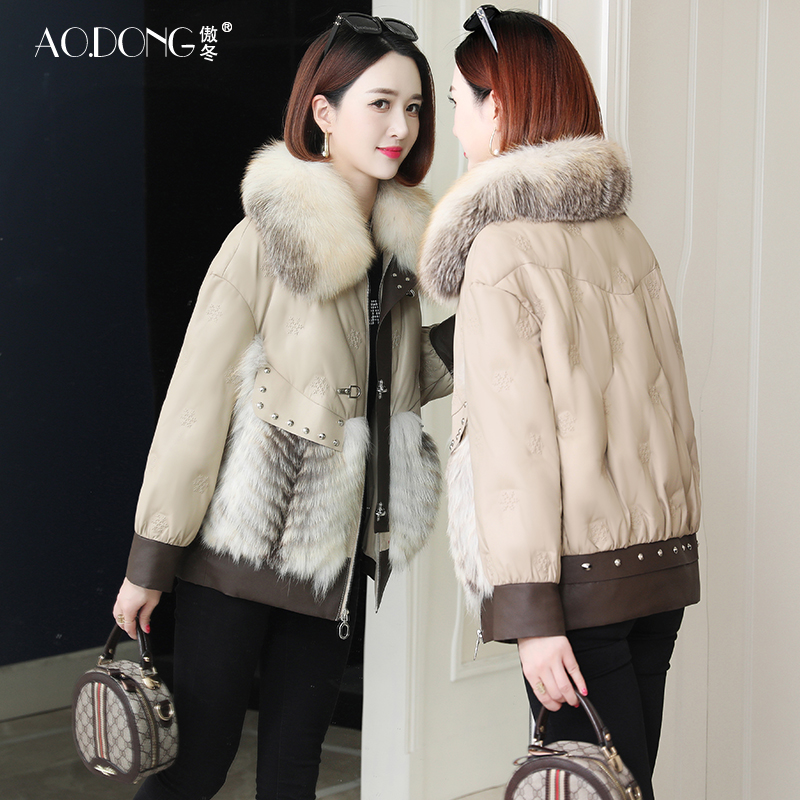 傲冬2021新款海宁真皮女压花皮衣