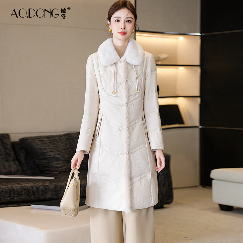 海宁绵羊皮真皮羽绒服女中长款