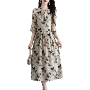 高级双绉真丝连衣裙女印花中年妈妈气质桑蚕丝收腰显瘦长裙子夏季