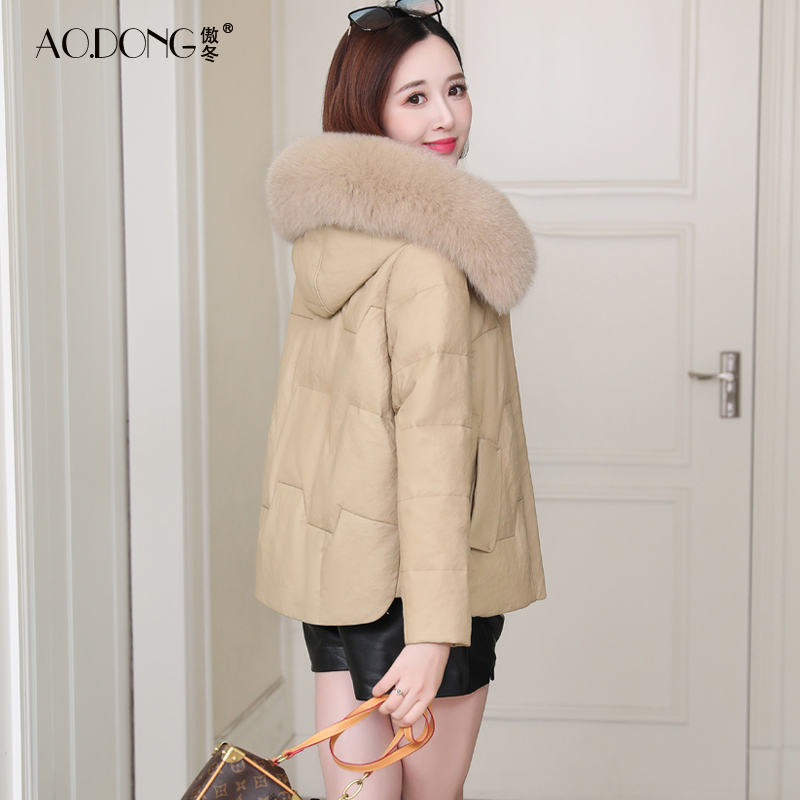 新款加厚狐狸毛领连帽真皮羽绒服