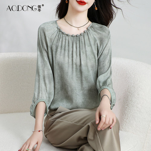 高端杭州真丝上衣女圆领