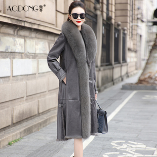 新款海宁兔毛皮草一体外套女狐狸毛领休闲中长款宽松保暖大衣冬季