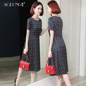 新款高档杭州真丝连衣裙女重磅中老年妈妈印花大牌桑蚕丝裙子夏季