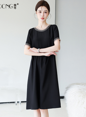 重磅新款杭州真丝桑蚕丝连衣裙女刺绣高级纯黑色洋气裙子气质夏季