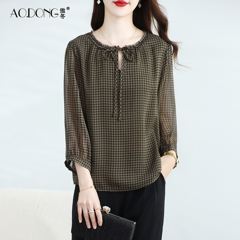 真丝上衣女中年妈妈高端桑蚕丝千鸟格小衫遮肚T恤七分袖洋气衬衫