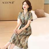 系带收腰显瘦裙子气质夏季 新款 真丝连衣裙女桑蚕丝中老年妈妈短袖