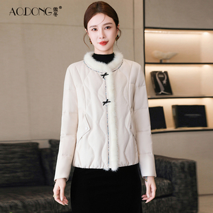 海宁皮衣中国风真皮羽绒服女短款水貂毛领妈妈保暖时尚皮草外套冬