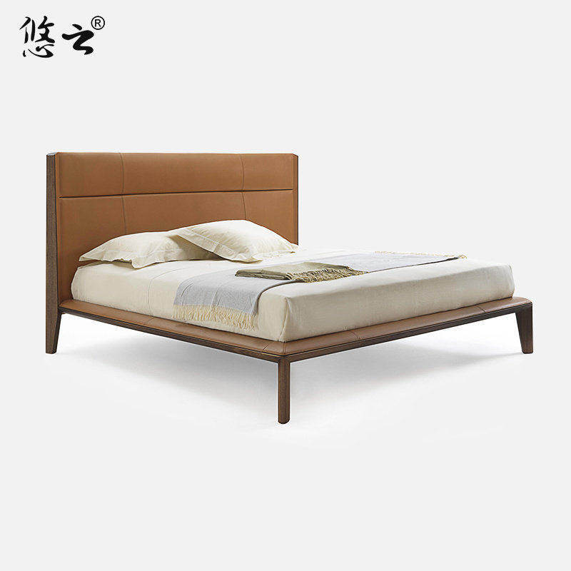 悠云2022意大利新设计双人床黑胡桃实木婚床全真皮大床别墅家具