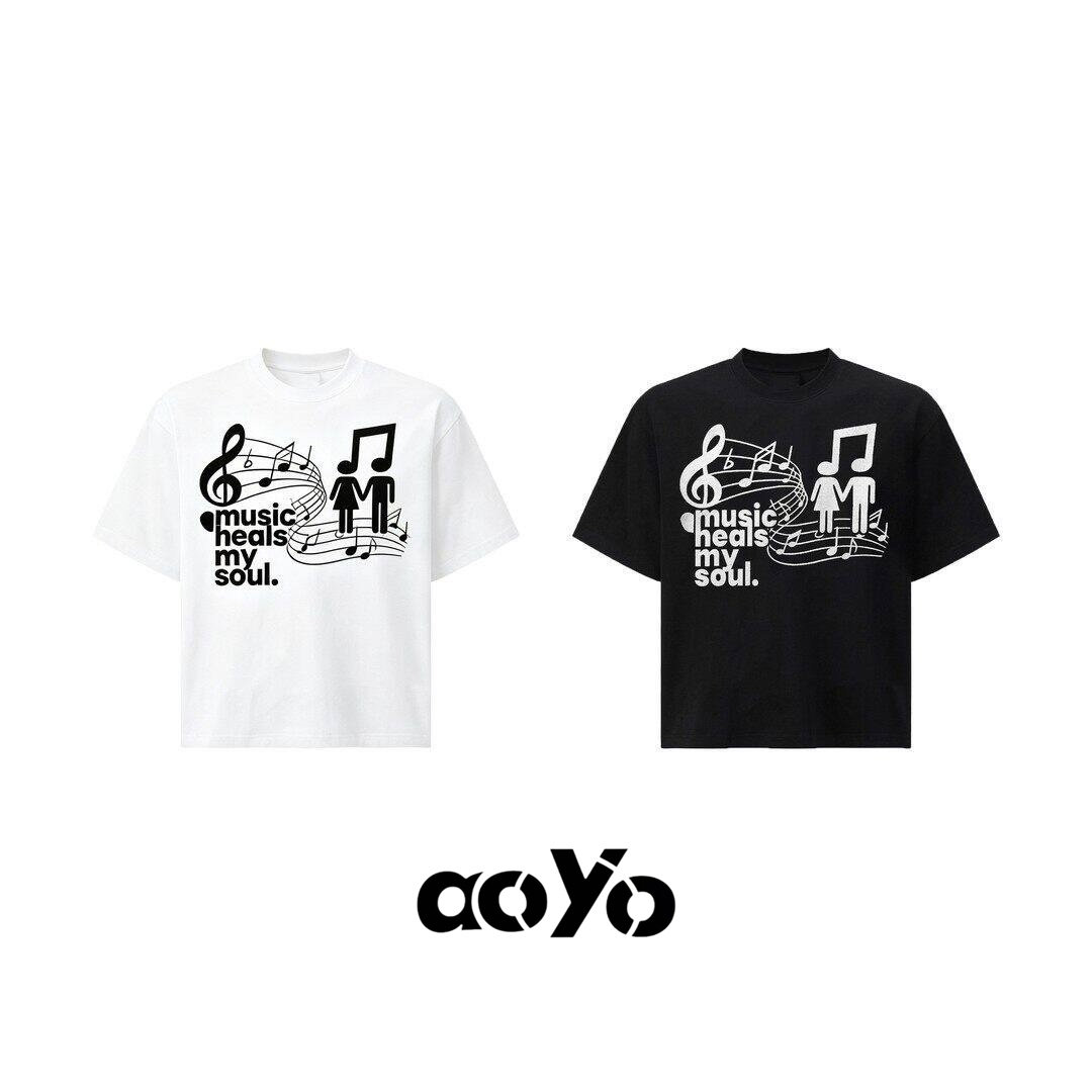 aoyo情侣印花t恤MusicHealsMySoul复古高级感透气修身潮牌短袖男