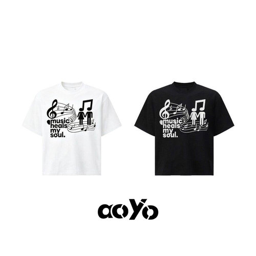 aoyo情侣印花t恤MusicHealsMySoul复古高级感透气修身潮牌短袖男