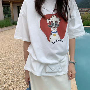 Hand made-26年夏上新韩系卡通小狗棉质宽松大版短袖T恤2694b