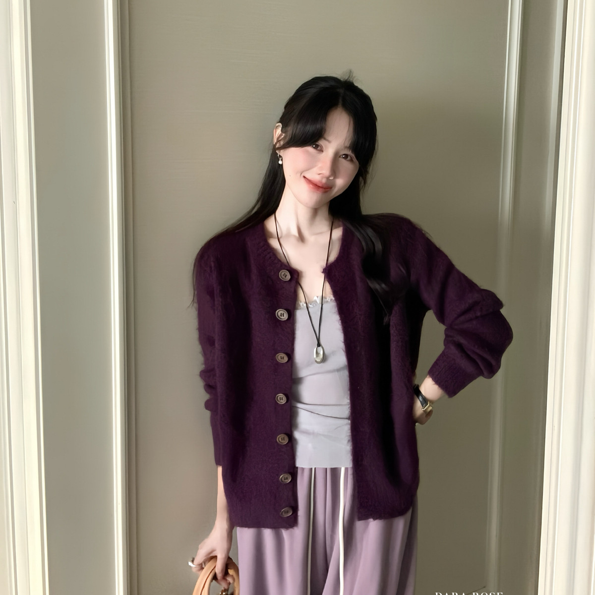 针织开衫女毛衣女上衣流行染色雾紫色好纯欲风内搭蕾丝边吊带背心