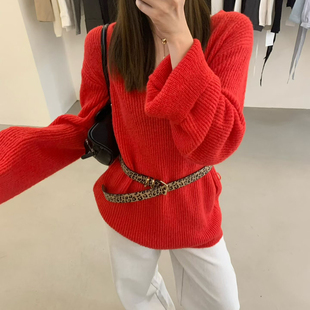 氛围感慵懒风V领宽松针织衫(配腰带韩版宽松毛衣红色套头韩系穿搭