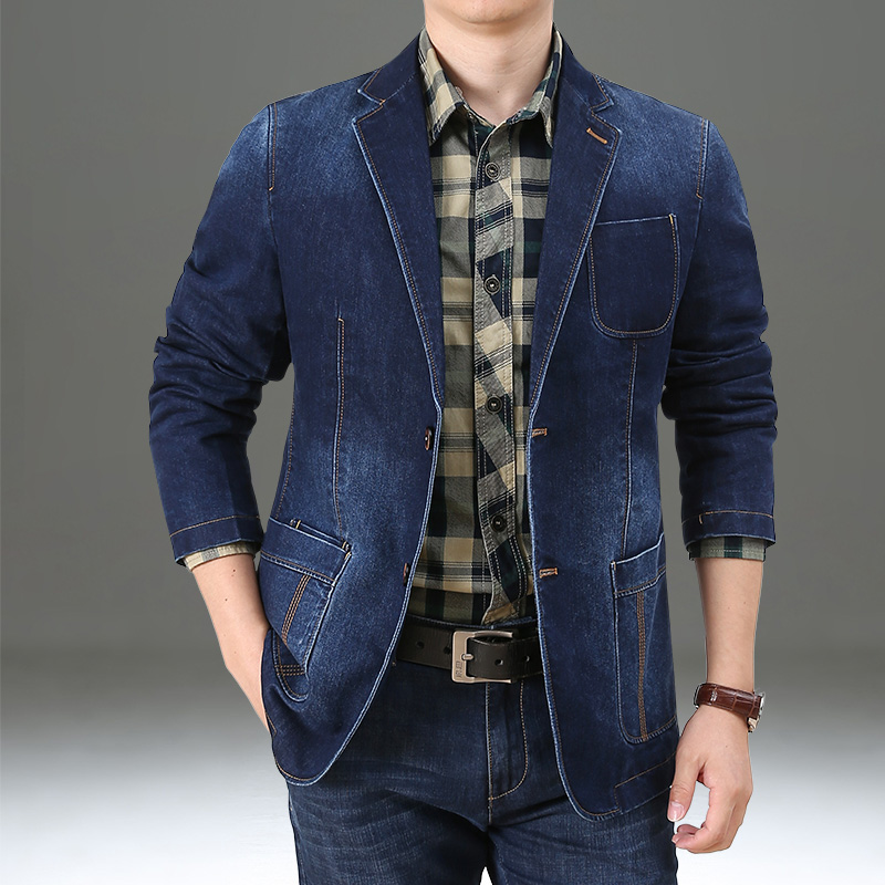 新款西服领外套男春秋季休闲修身时尚商务秋装上衣牛仔西装男潮流