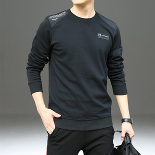 T圆领长袖 宽松休闲上衣打底衫 t恤男春秋潮 大码 黑色卫衣男2025新款