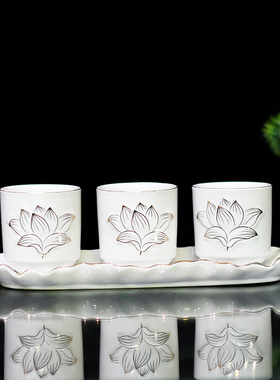 陶瓷酒杯 莲花杯描金荷花杯敬酒杯佛杯供杯净水杯三连杯家用佛台