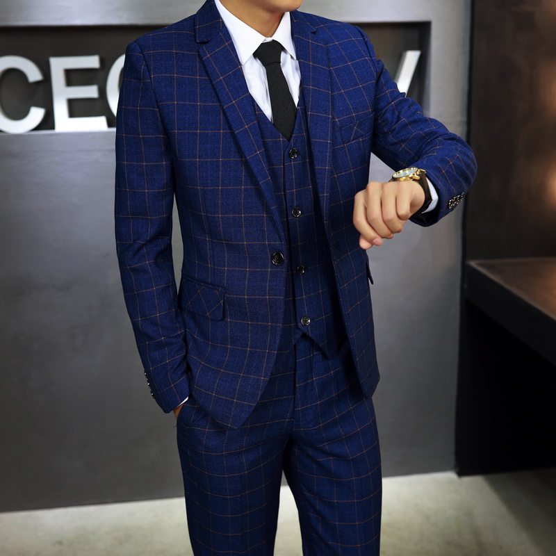 西服套装男士三件套韩版修身一套小西装学生格子伴郎新郎结婚礼服