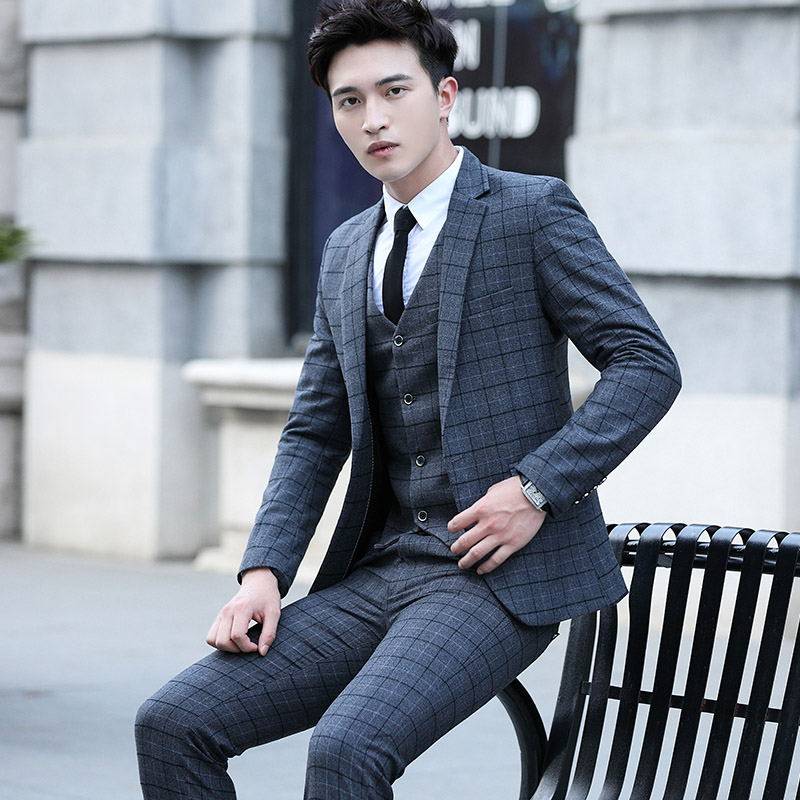 西服套装男士三件套修身韩版新郎结婚礼服商务正装英伦格子西装男