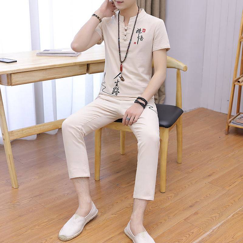 夏季棉麻套装男亚麻短袖t恤潮流中国风秀字新款 一套衣男装二件套