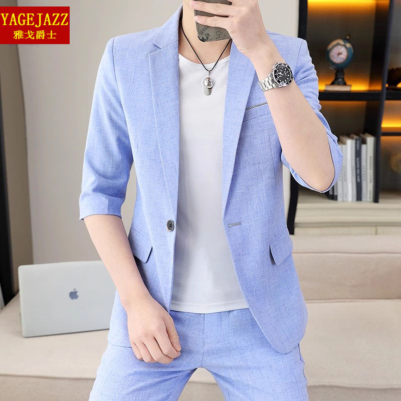 夏季中袖小西装男修身韩版潮西服套装男士休闲薄款学生七分袖外套