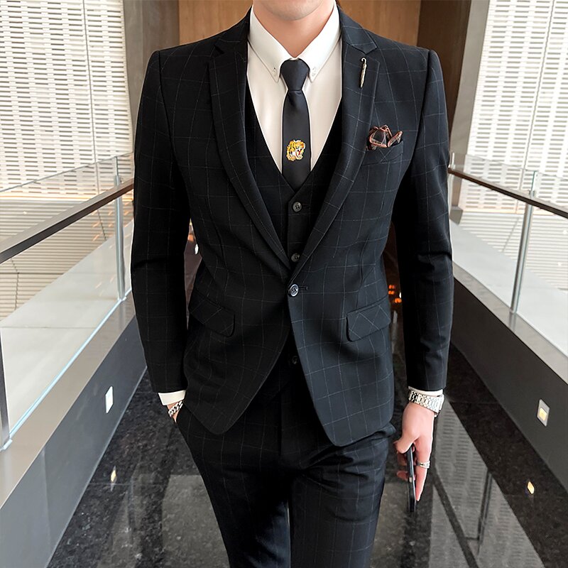 休闲西服套装男修身韩版商务正装格子高级感伴郎礼服新郎主持西装