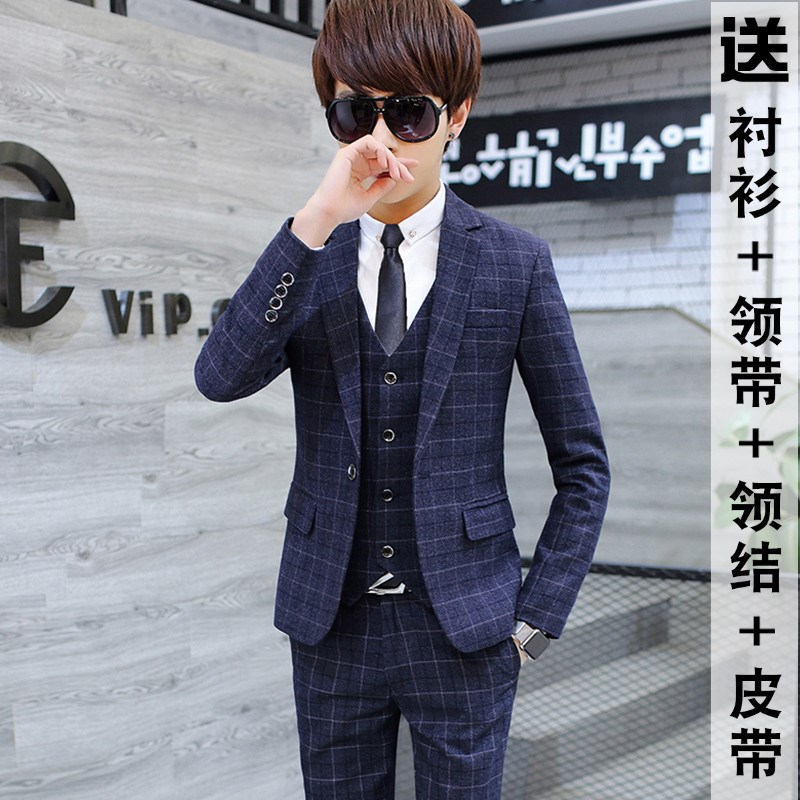 男士西服套装学生发型师韩版修身休闲小西装结婚礼服英伦格子外套