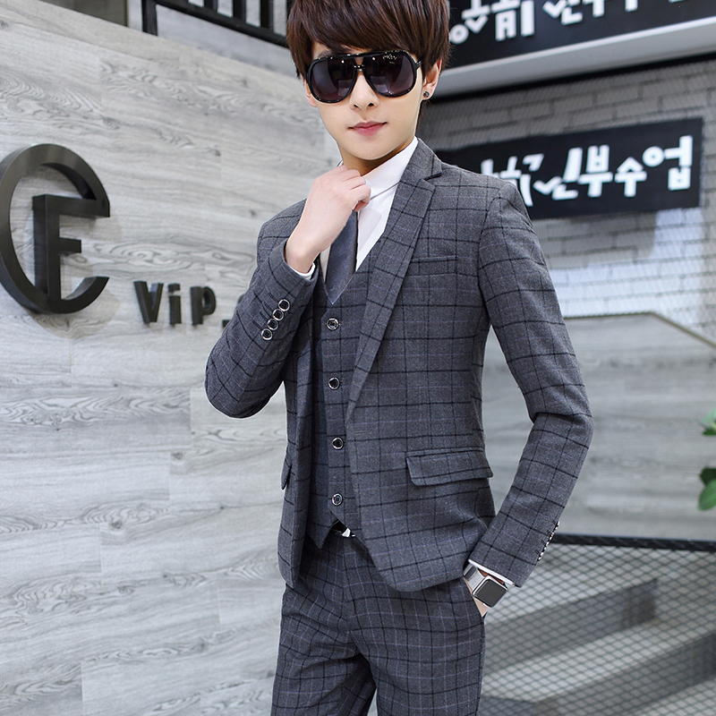 男士西服套装学生发型师韩版修身休闲小西装结婚礼服英伦格子外套