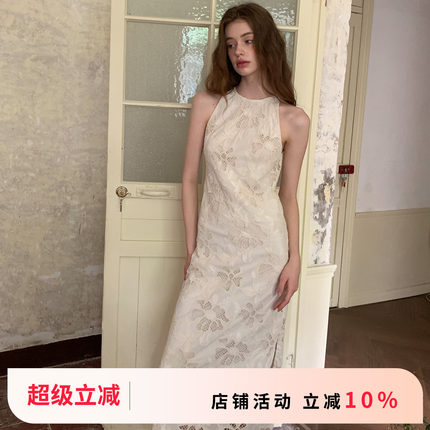 竹依依原创法式米白色蕾丝镂空侧开叉无袖连衣裙女收腰气质长裙