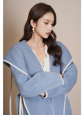 竹依依蓝色贝壳绣双面羊绒大衣女中长款连帽双面呢羊毛大衣外套