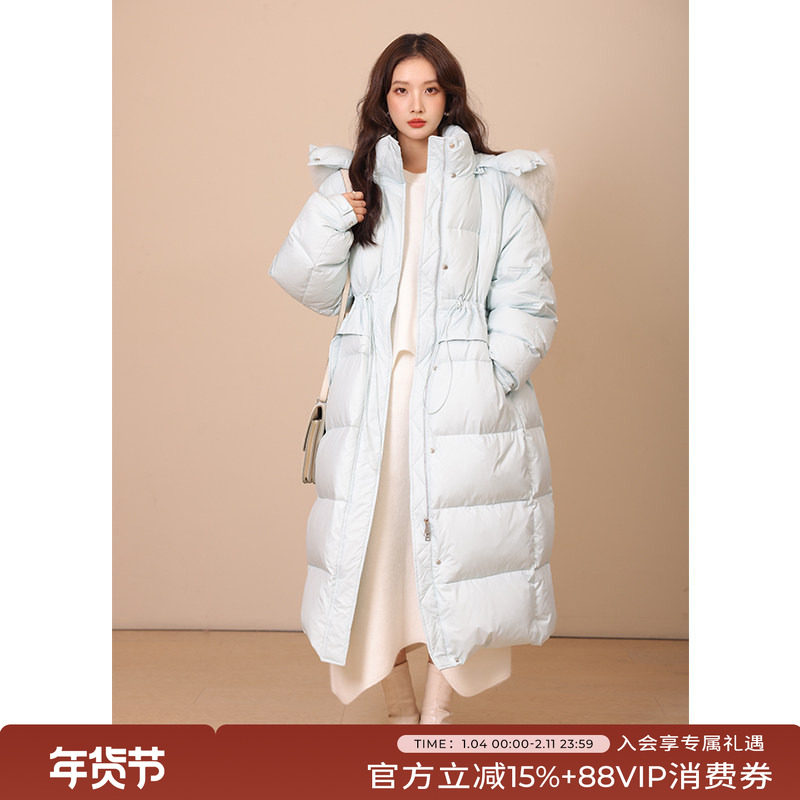 竹依依蓝色长款羽绒服女冬季过膝加厚2025新款狐狸大毛领90白鹅绒