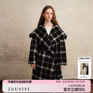 竹依依黑白格子羊毛羊驼毛毛呢大衣女冬大翻领中长厚款宽松外套