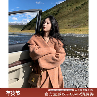 竹依依连帽棕驼色双面羊绒大衣女2025新款春季长款蚕丝羊毛呢外套