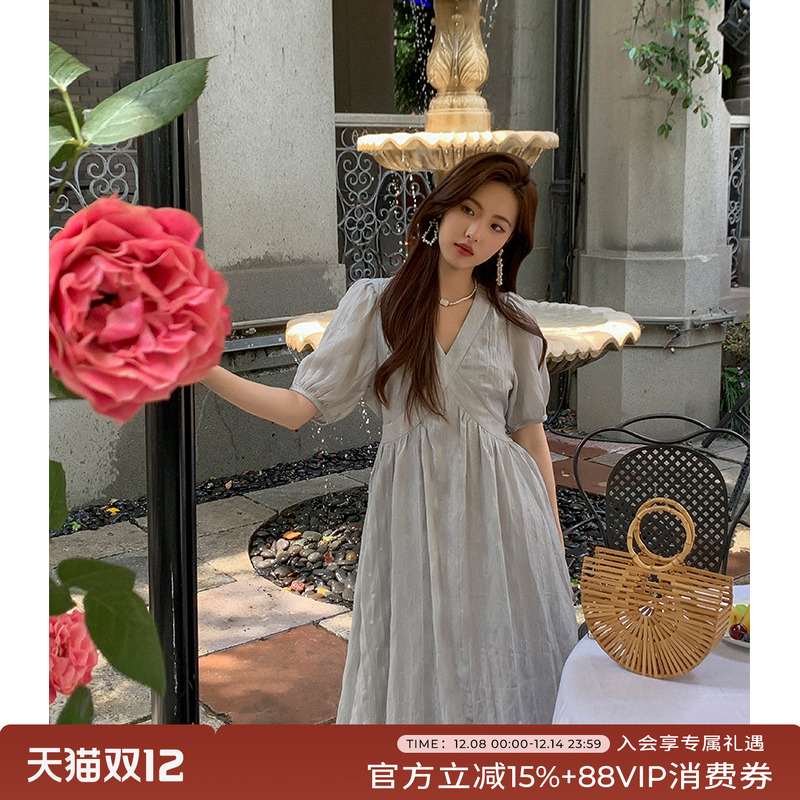 法式优雅气质灰色连衣裙