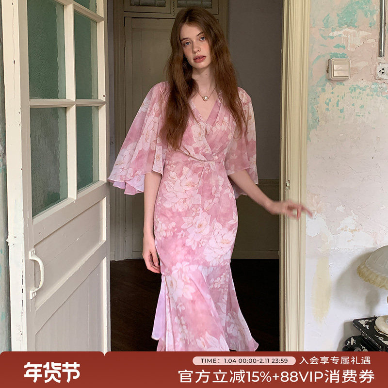 竹依依法式原创粉/红色收腰包臀鱼尾连衣裙女夏v领温柔气质感长裙,女装/女士精品,连衣裙,淘宝优惠券,粉丝福利购,淘宝优惠卷