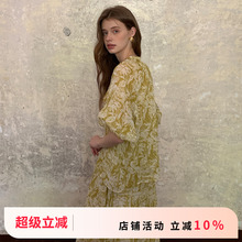 竹依依法式原创黄绿色100%苎麻印花短袖衬衫+中长款半身裙套装女