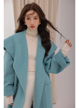 竹依依竹依依 海军领双面呢大衣女春季加厚中长款羊毛呢斗篷外套